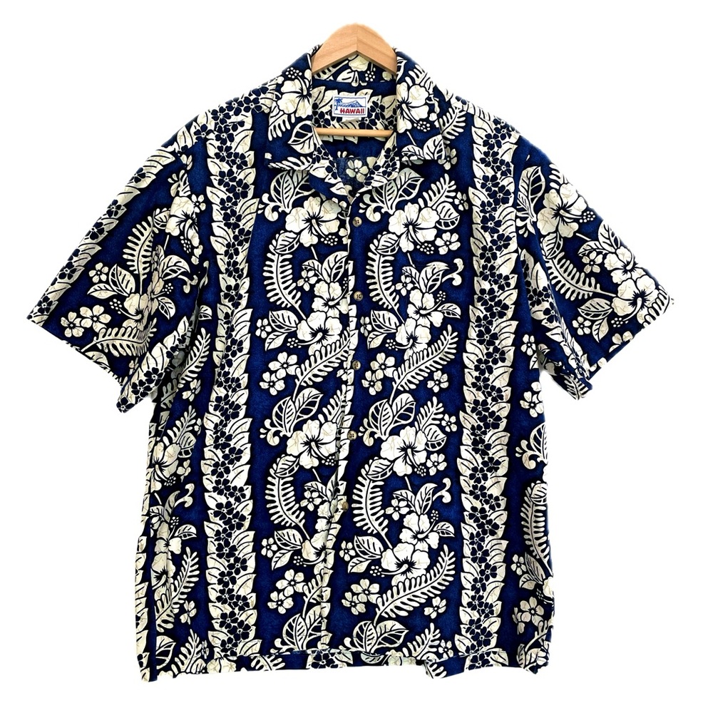 Vintage HAWAII Mens Hawaiian Print Camp Shirt Size XL Blue Cotton Short Sleeve